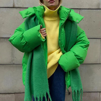 Women's Puffer Jacket – Oversized Fit – Padded Hood – Quilted Mid-Length Design