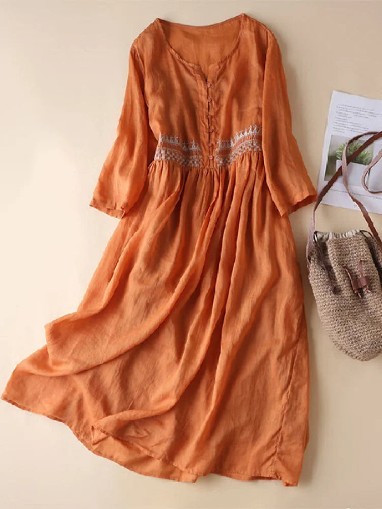 Women's Midi Dress – Loose Fit – V-Neck – Embroidery – Breathable Cotton Style – 3/4 Sleeves