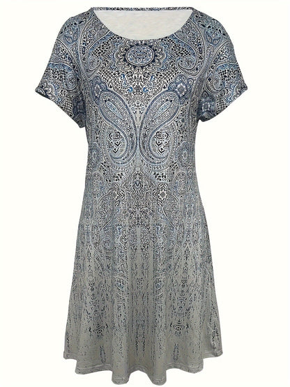 Dress for Women – Mini – Relaxed Fit – Short-Sleeved – Round Neck – Print Design