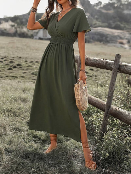 Women's Midi Dress – A-line – V-neck Wrap – Short Sleeves – Light and Breathable