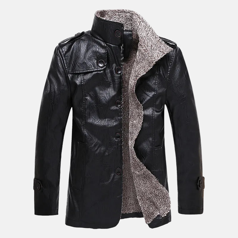 Men’s Leather Jacket – Slim Fit – Stand Collar – Button Front Design