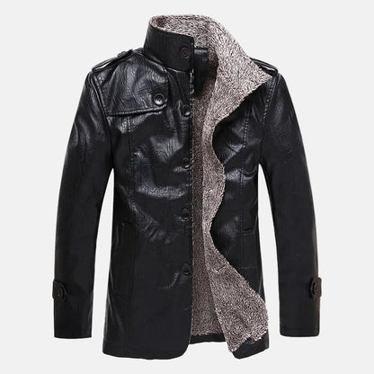 Men’s Leather Jacket – Slim Fit – Stand Collar – Button Front Design