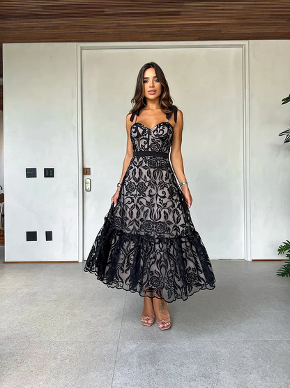 Women's Dress – Sleeveless A-Line – Lace Details – V-Neck – Elegant Party Dress