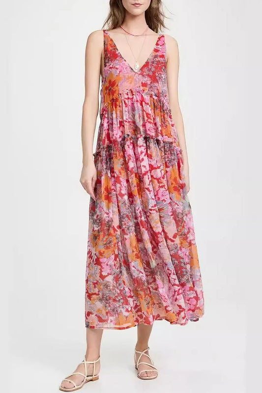 Women's Maxi Dress – Sleeveless – V-Neck – Spaghetti Straps – Light and Airy – Layered Design