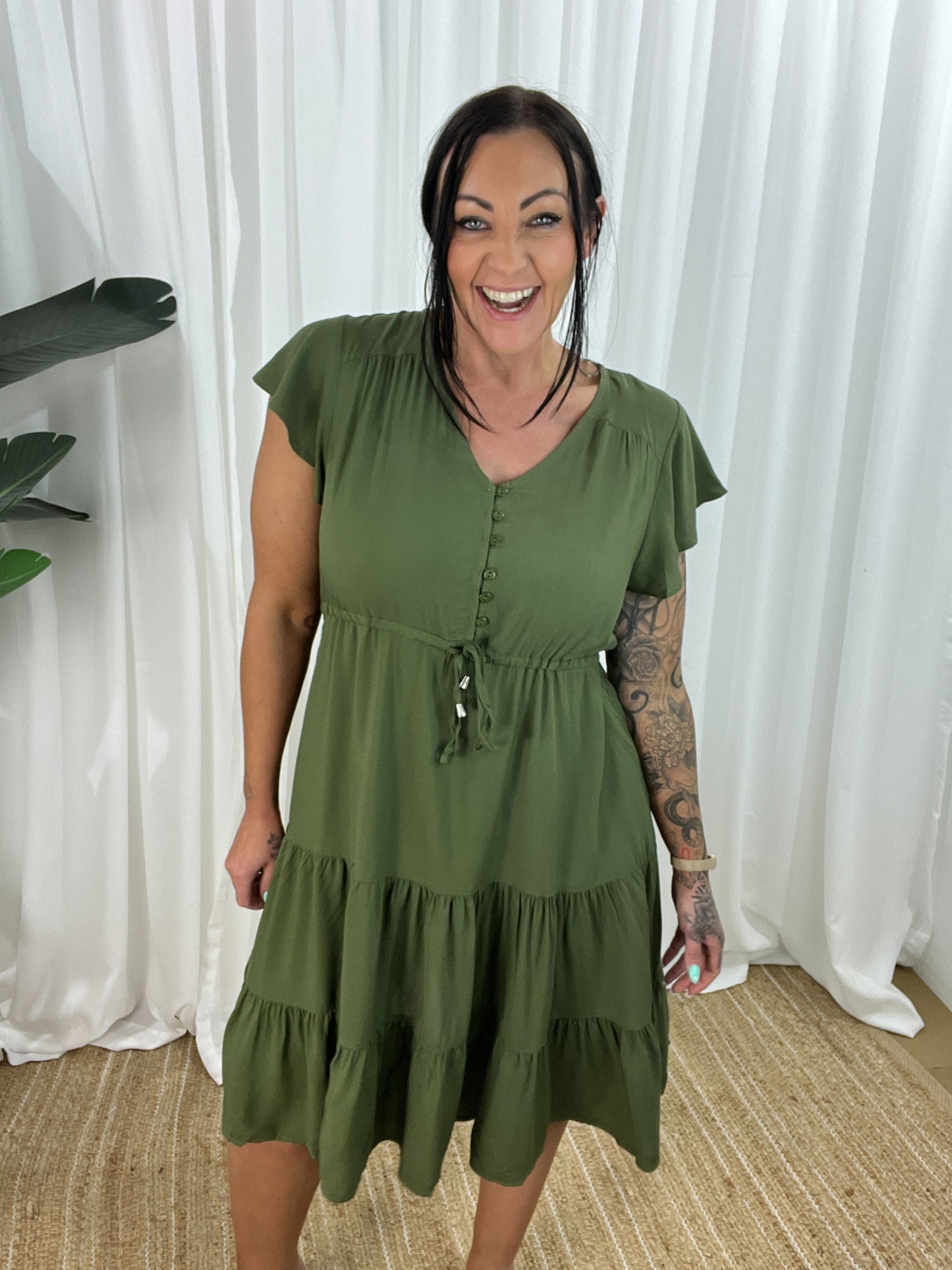 Women's Dress - V-neck - Button Closure - Adjustable Waist - Short Sleeves - Loose Fit