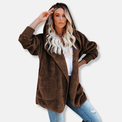 Women's Cardigan with Hood – Soft Sherpa Fleece – Oversized Fit – Open Design with Pockets