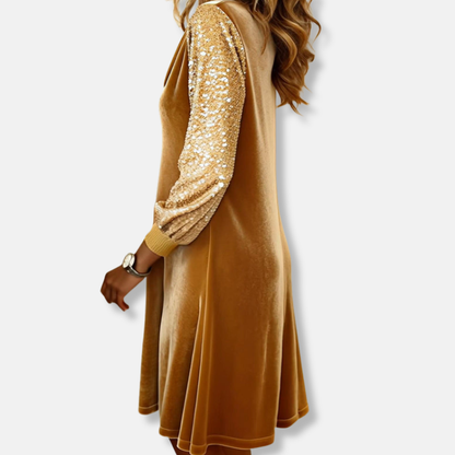 Sophia Shift Mini Dress | Cowl Neck Sequined Sleeves Dress