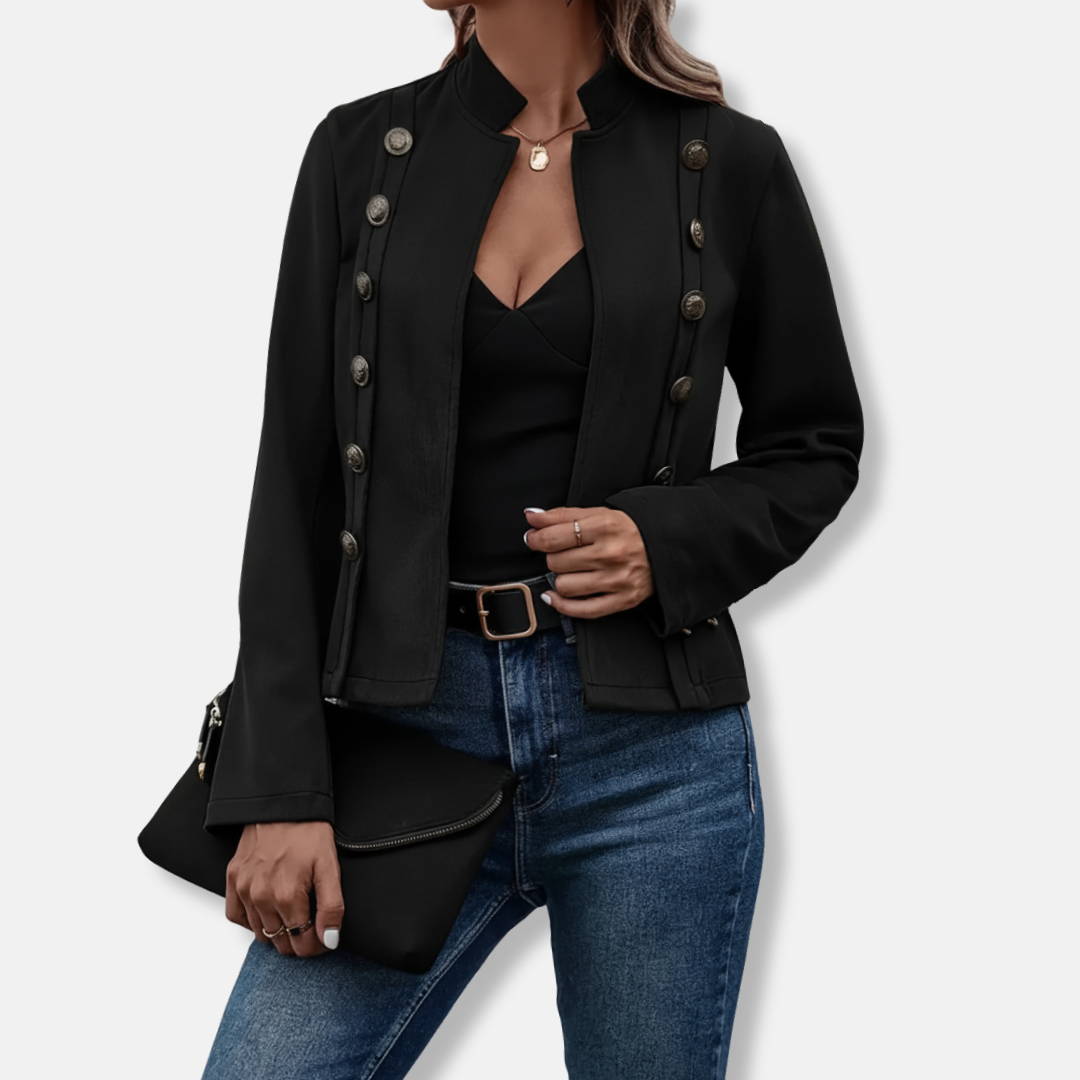 Isla Tailored Fit Blazer Jacket | Band Collar Decorative Buttons Jacket