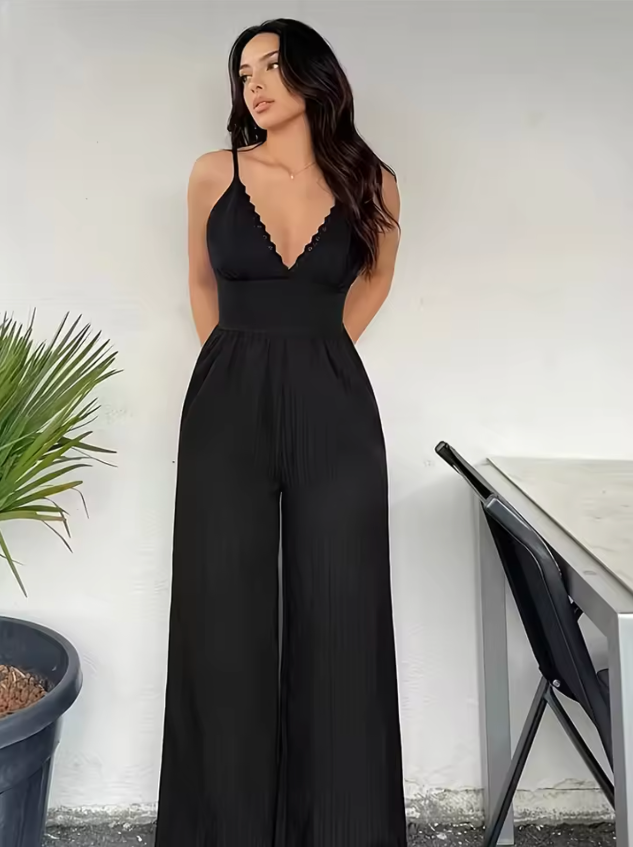 Women's Jumpsuit - V-neck - Sleeveless - Spaghetti Straps - Wide Leg Fit