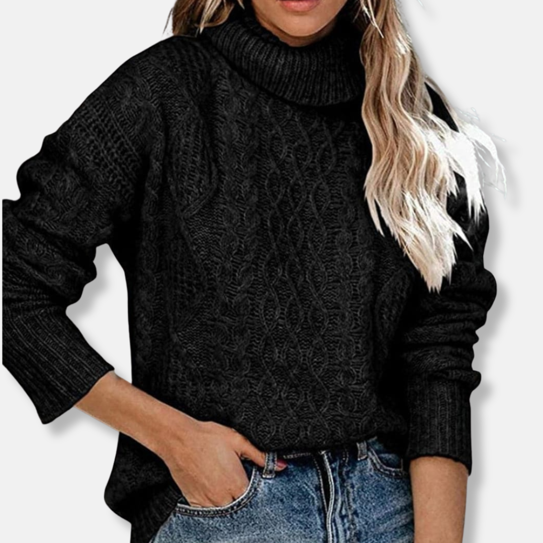 Rosie Turtleneck Sweater | Cable Knit Tunic Length Sweater