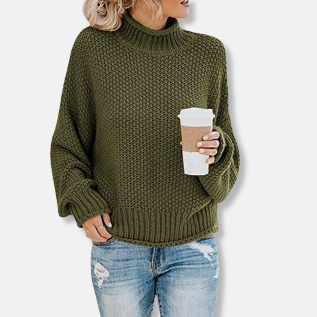 Women's Knit Sweater – Oversize Fit – Chunky Knit – High Neck – Dropped Shoulder