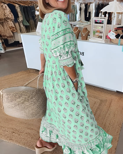 Maxi Dress for Women – V-Neck – Bohemian Floral – Airy Fit – Three-Quarter Sleeves