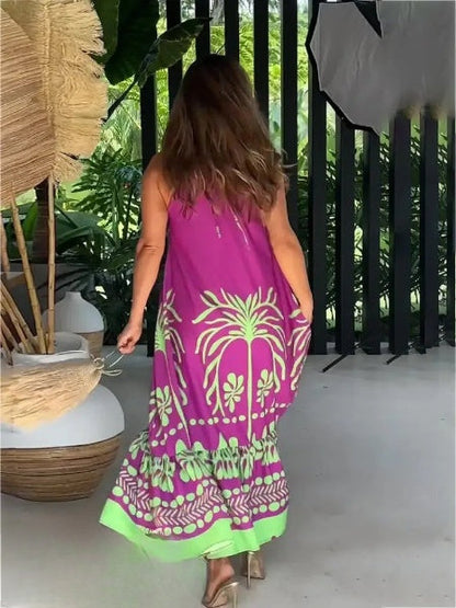 Women's Dress - Sleeveless A-Line - Halterneck - Ruched Hem - Tropical Floral Pattern