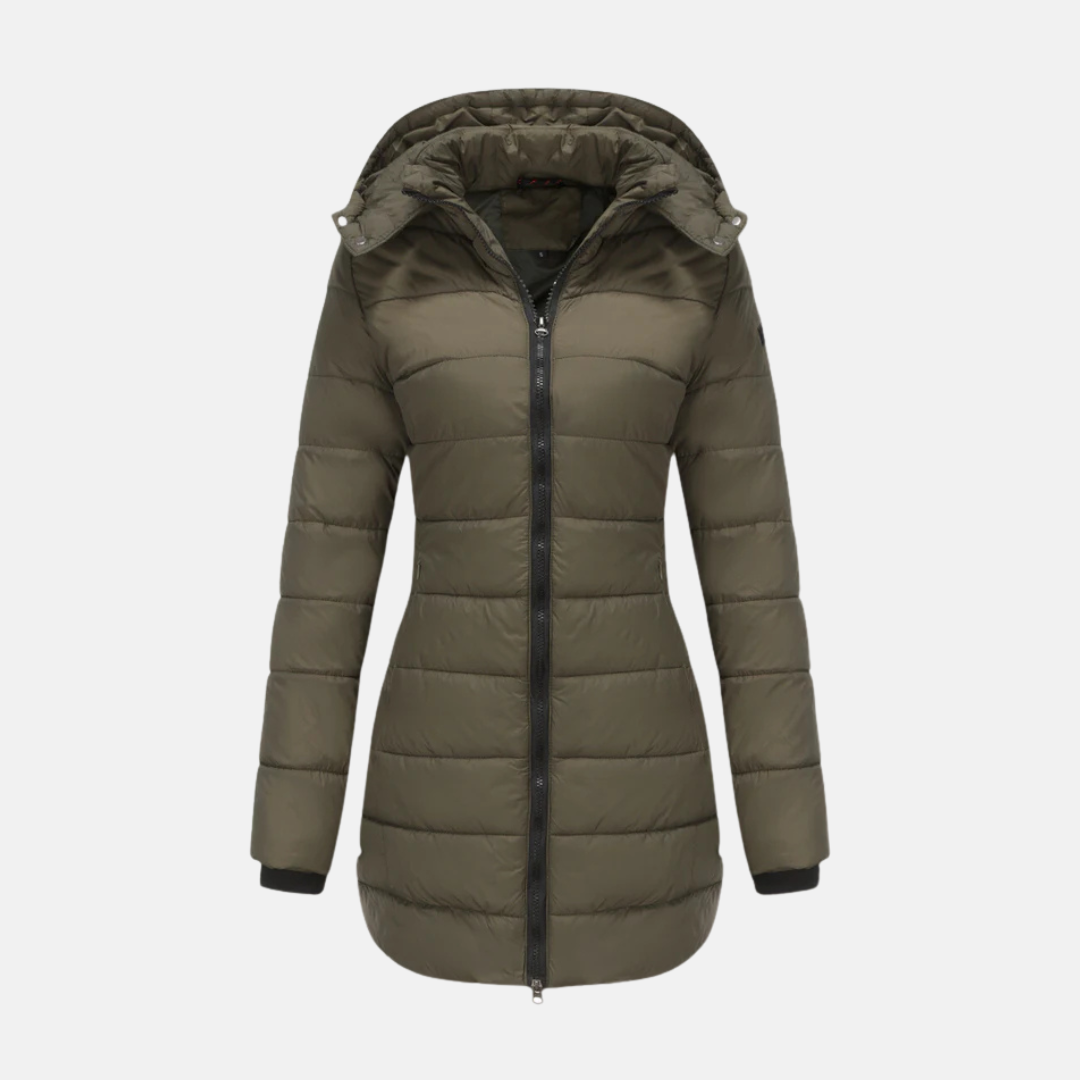 Women’s Longline Padded Coat - Insulated Quilted Design - Two-Way Zipper - Hooded