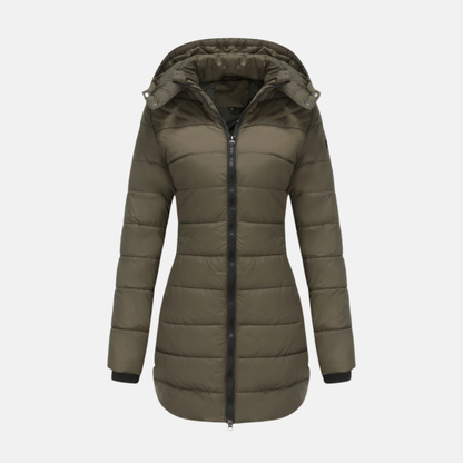 Women’s Longline Padded Coat - Insulated Quilted Design - Two-Way Zipper - Hooded