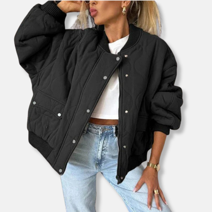 Women's Bomber Jacket – Oversized Fit – Quilted Lightweight Design – Snap Button Closure