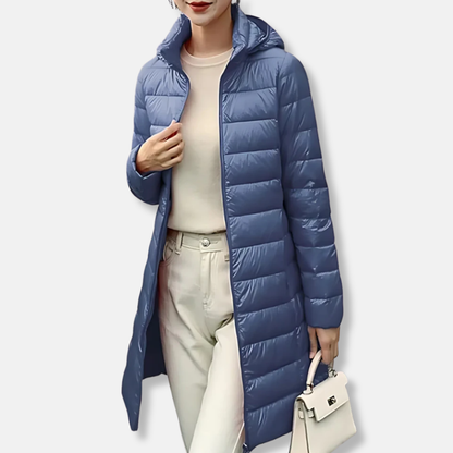 Isla Nylon Puffer Jacket | Quilted Hooded Mid-Length Jacket