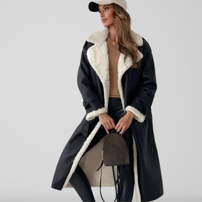 Women’s Trench Coat - Faux Leather - Double Breasted - Belted Waist - Shearling Trim