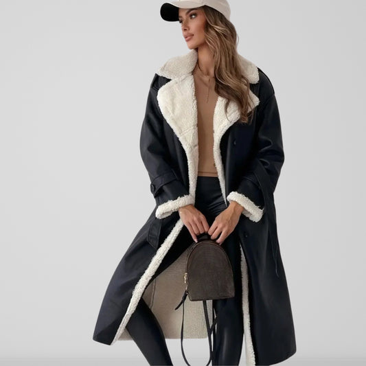 Women’s Trench Coat - Faux Leather - Double Breasted - Belted Waist - Shearling Trim