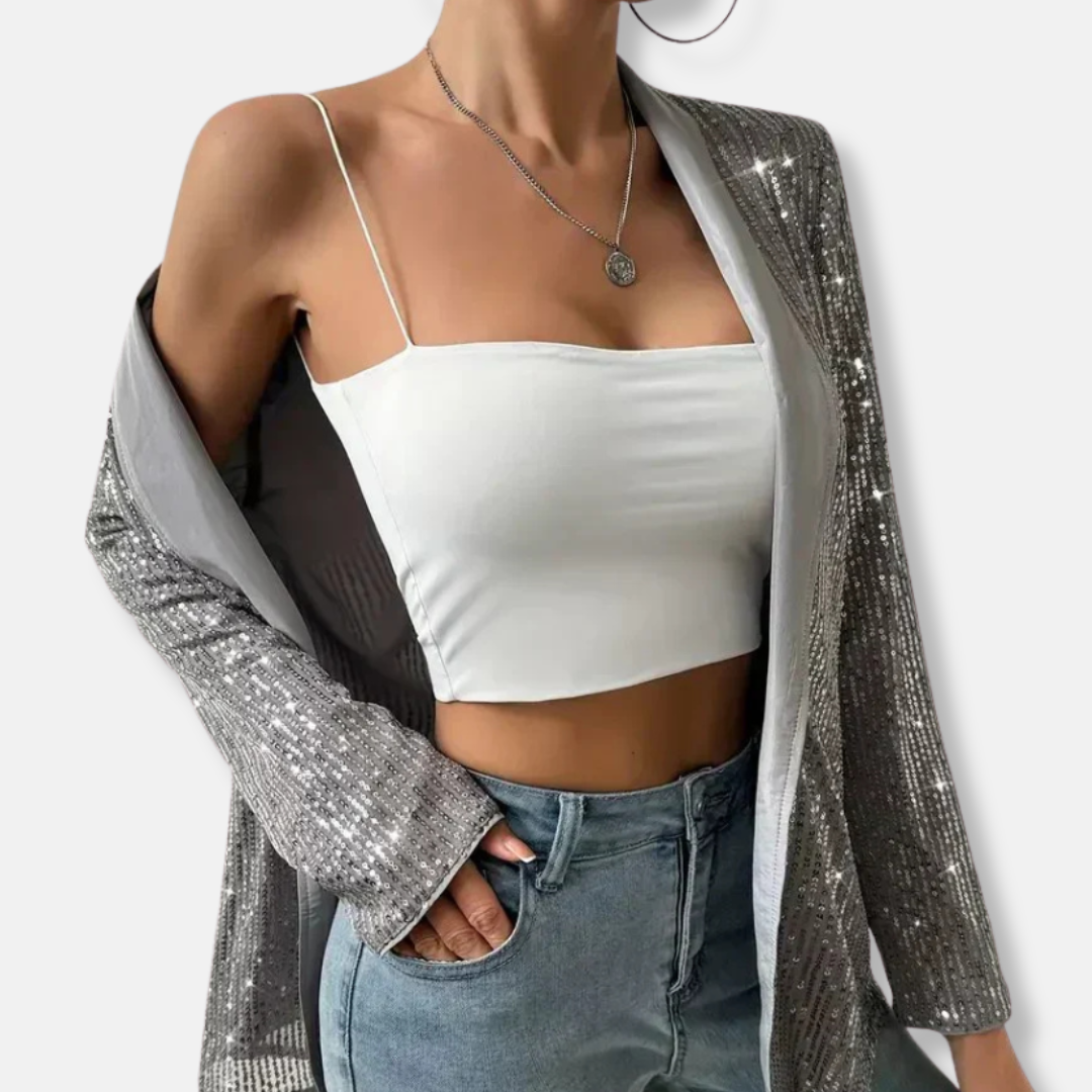 Isabella Sequined Notch Lapel Blazer | Open Front Hip-Length Blazer