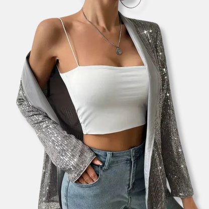 Isabella Sequined Notch Lapel Blazer | Open Front Hip-Length Blazer