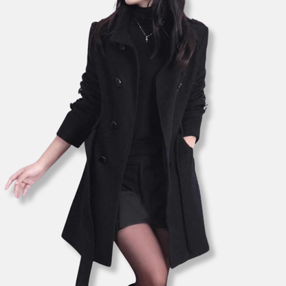 Women's Trench Coat - Wool Blend - Double Breasted Buttons - Belted Waist - Classic Cut