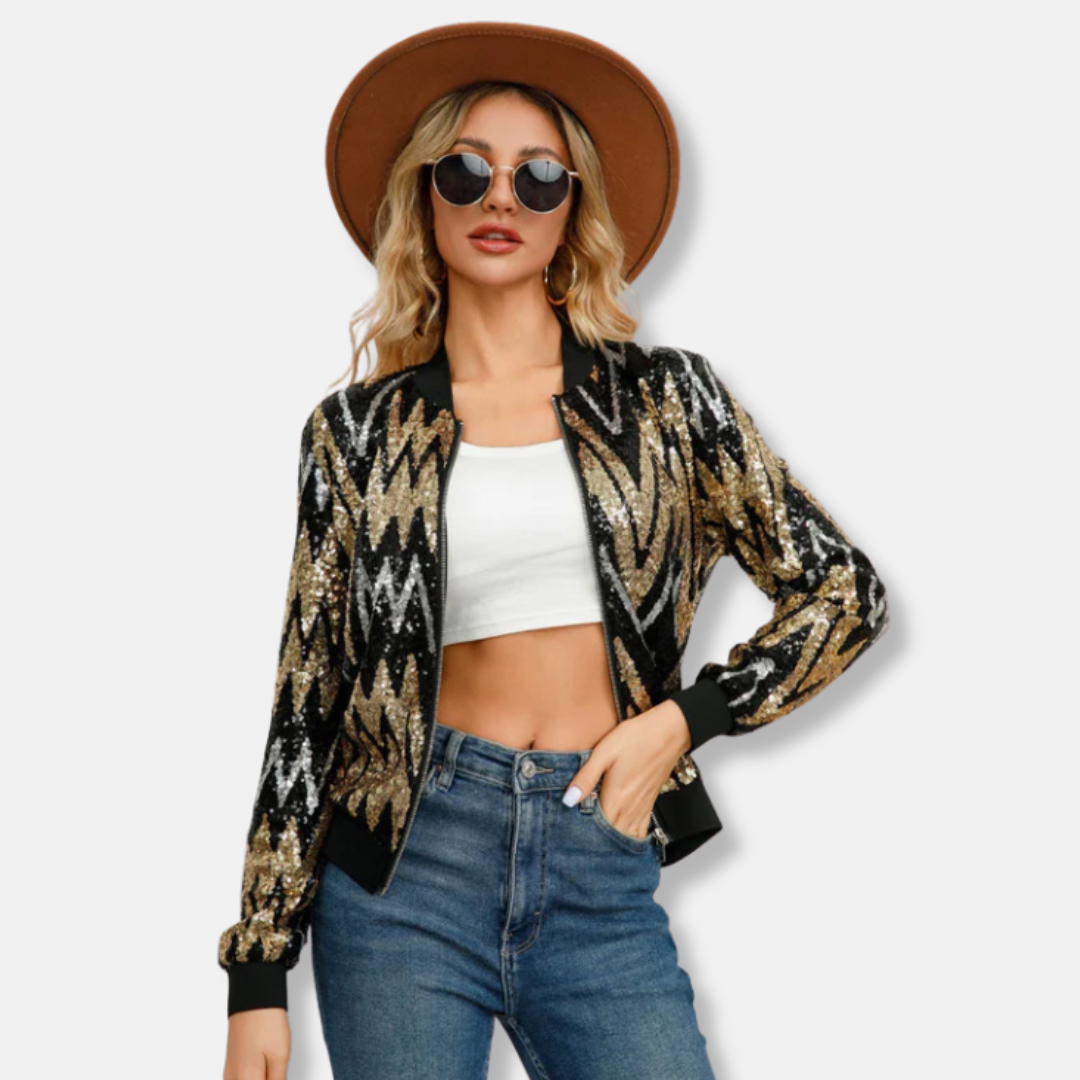Isabella Sequined Cropped Bomber Jacket | Chevron Pattern Relaxed Fit Bomber Jacket