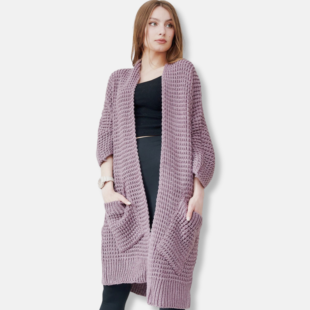 Women's Coat in Knit – Oversized Fit – Open Front – Patch Pockets – Ribbed Edges