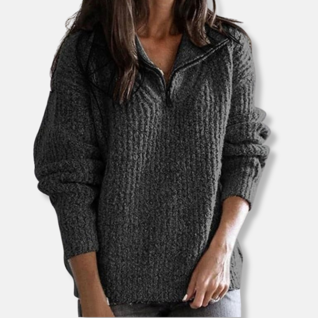 Isla Ribbed Half-Zip Collar Sweater | Solid Relaxed Fit Sweater