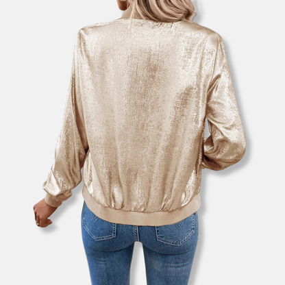 Women's Bomber Jacket – Shiny Satin Look – Relaxed Fit – Ribbed Edges – Zipper