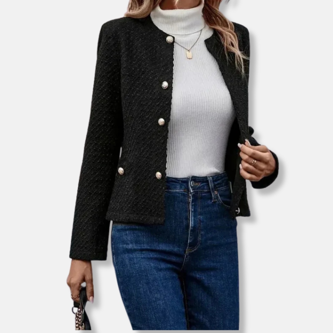Isabella Wool Tailored Fit Tweed Jacket | Round Neck Button Front Jacket