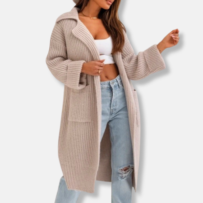 Women's Long Knit Coat – Oversized Fit – Hood – Ribbed Texture – Pockets