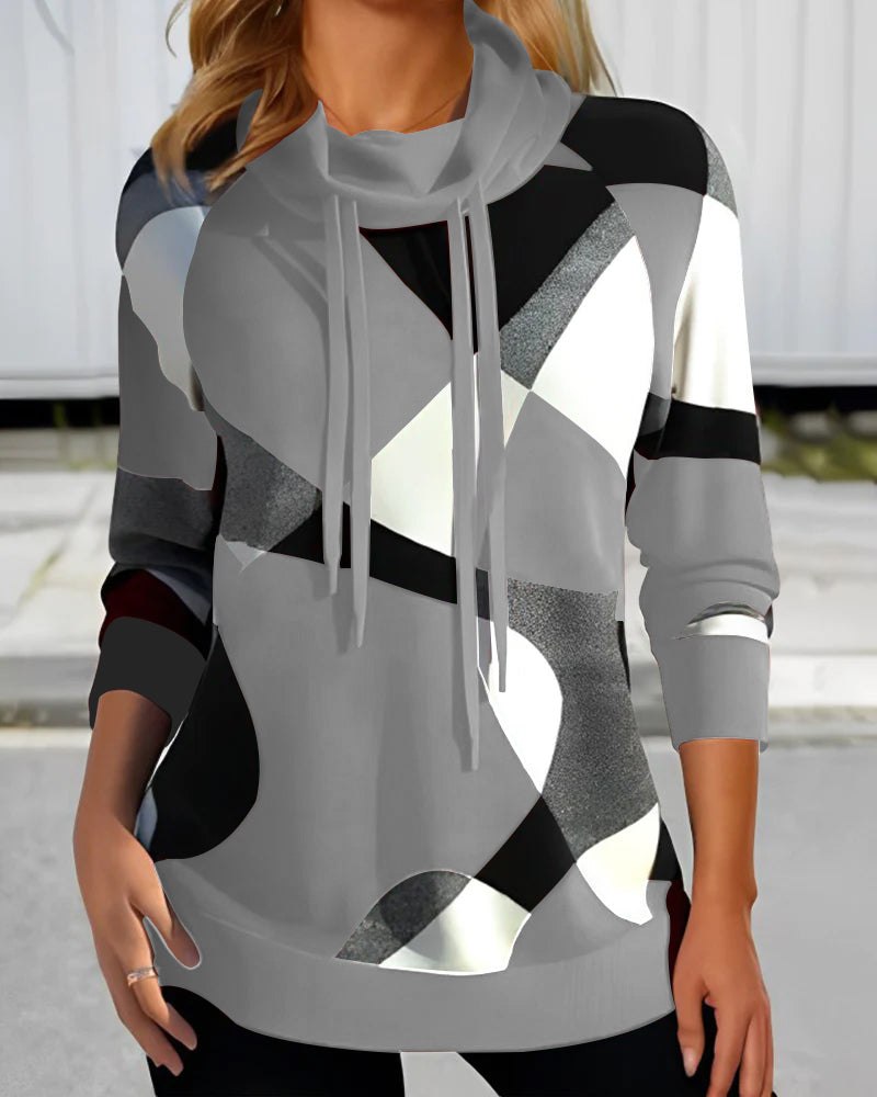 Women's Hoodie – Relaxed Fit – Soft Knit – Long Sleeves – Geometric Pattern