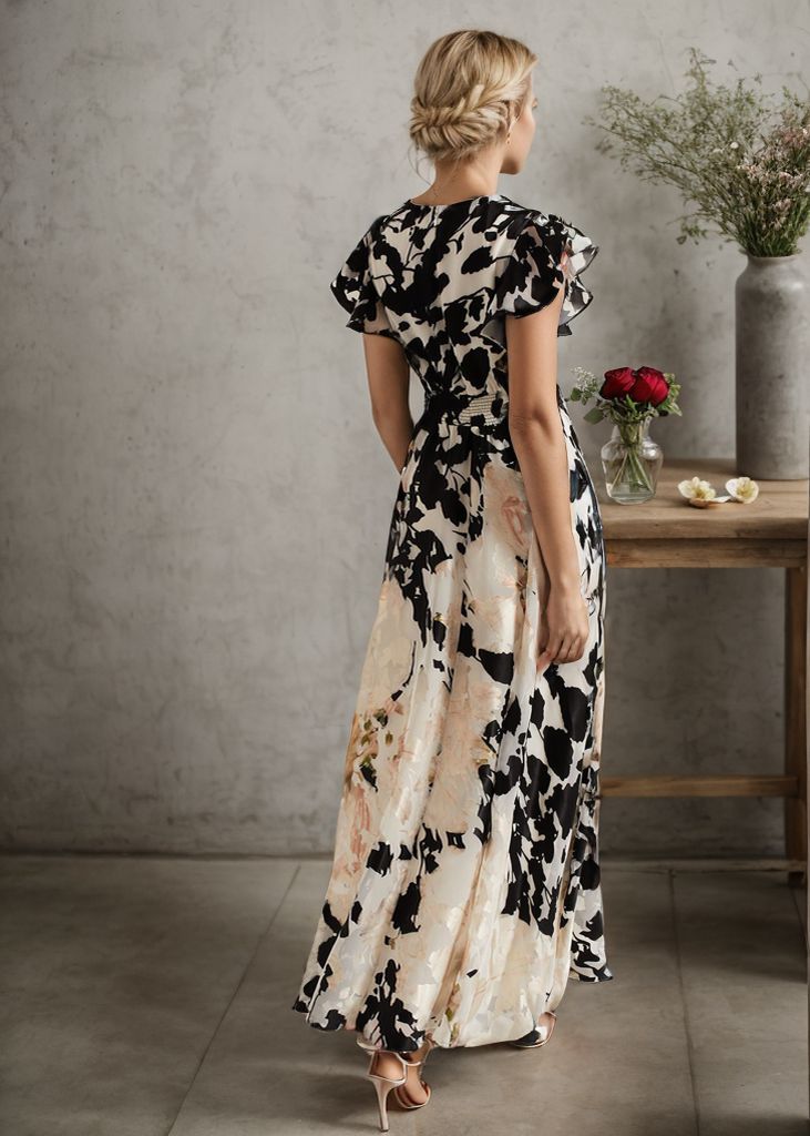 Women's Maxi Dress – Elegant Cut – Woven in Light Material – Short Sleeve – Party Ready