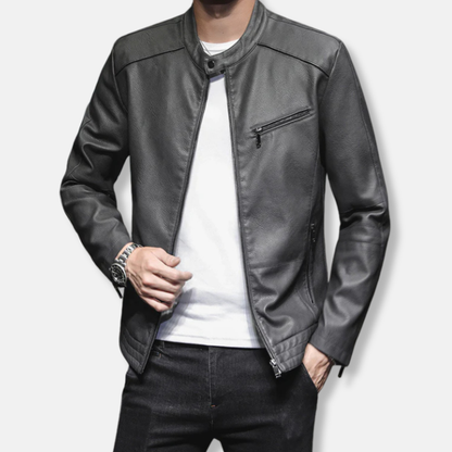 Men's Biker Jacket – Slim Fit – Glossy Look – Stand Collar – Zipper Pockets