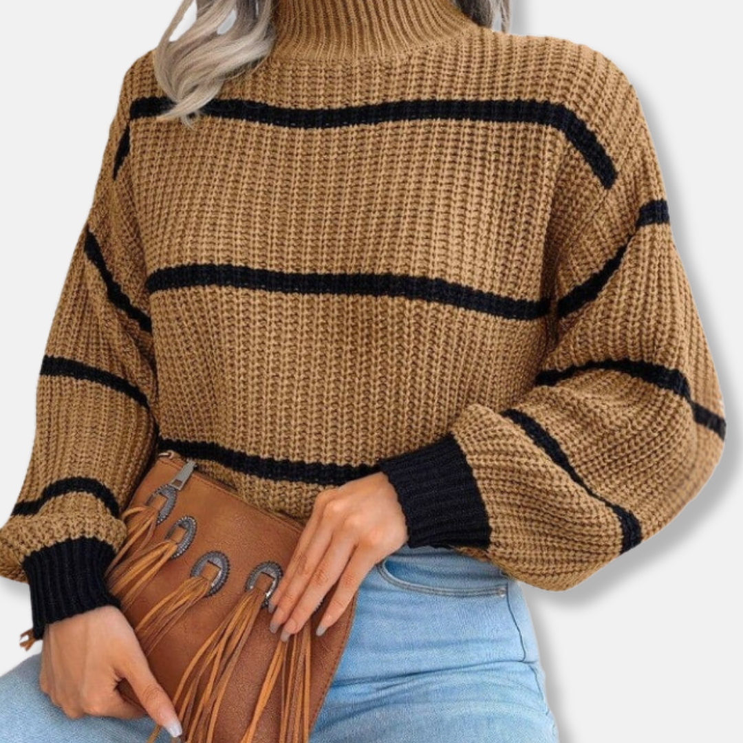 Women's Knit Sweater - Soft Ribbed Turtleneck - Relaxed Fit - Classic Stripes
