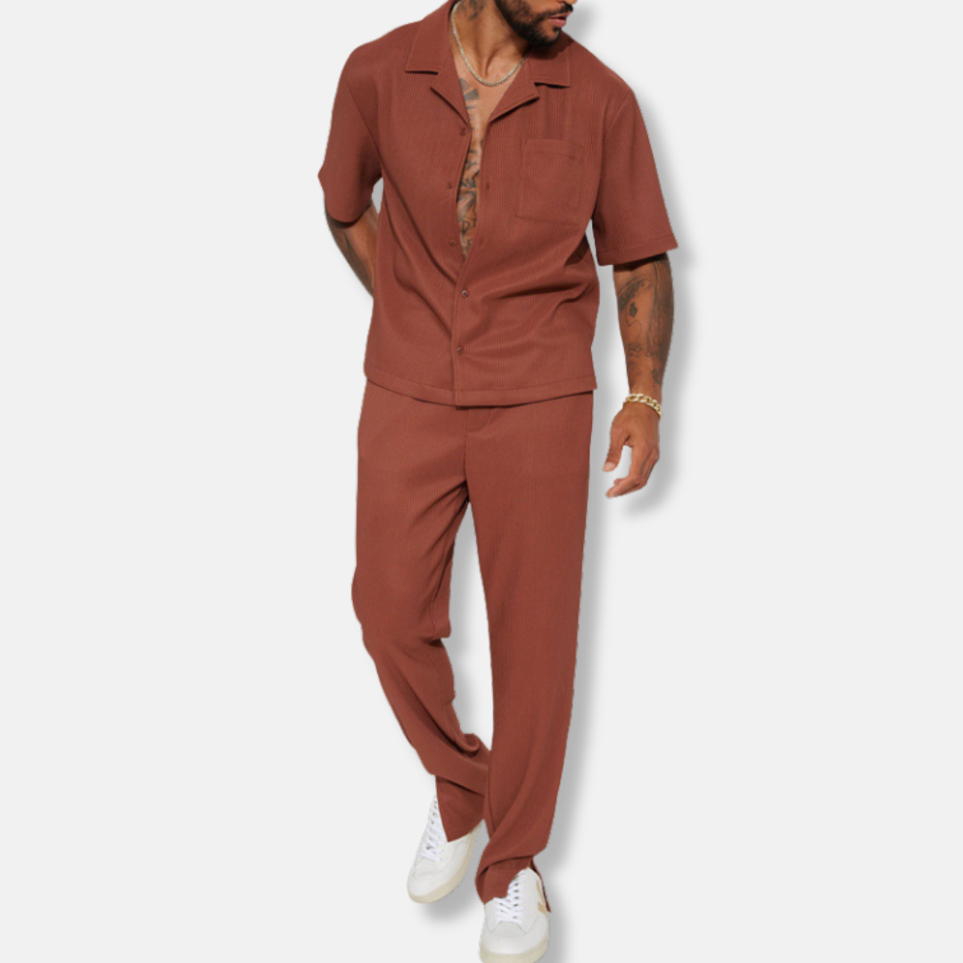 Men's Set – Relaxed Fit – Short-Sleeved Shirt with Collar – Long Pants – Breathable Fabric
