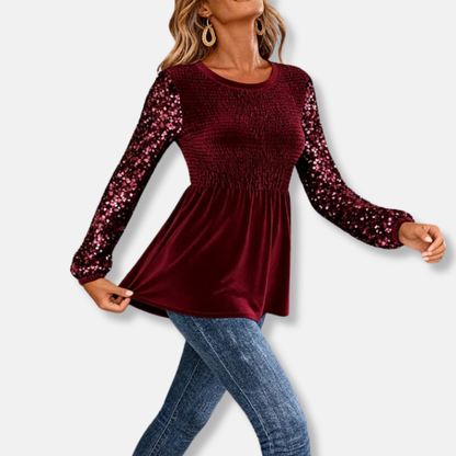 Amelia Peplum Top | Smocked Bodice Sequin Sleeves Peplum Top