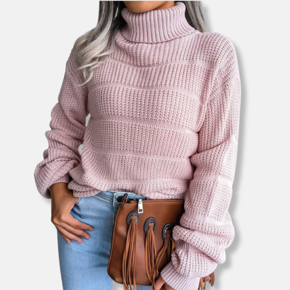 Women's Turtleneck Sweater - Soft Knit - Ribbed Design - Loose Fit - Long-Sleeved