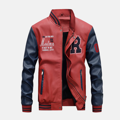 Men's Baseball Jacket – Classic Varsity Fit – Leather Look – Ribbed Edges – Snap Closure