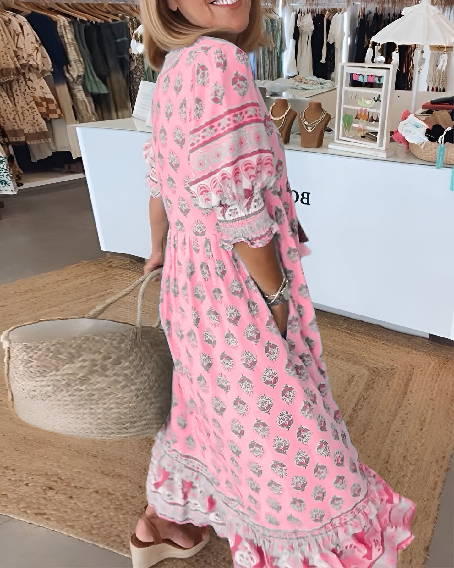 Maxi Dress for Women – V-Neck – Bohemian Floral – Airy Fit – Three-Quarter Sleeves
