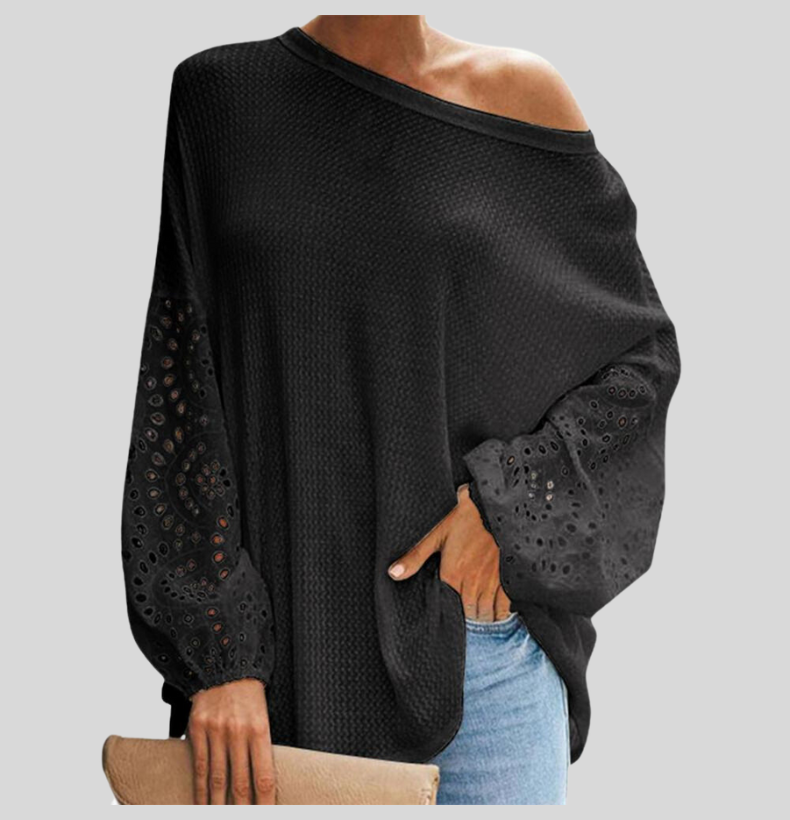 Dame Bluse - Off-Shoulder - Let Strik - Lange Ærmer med Blonde Detaljer