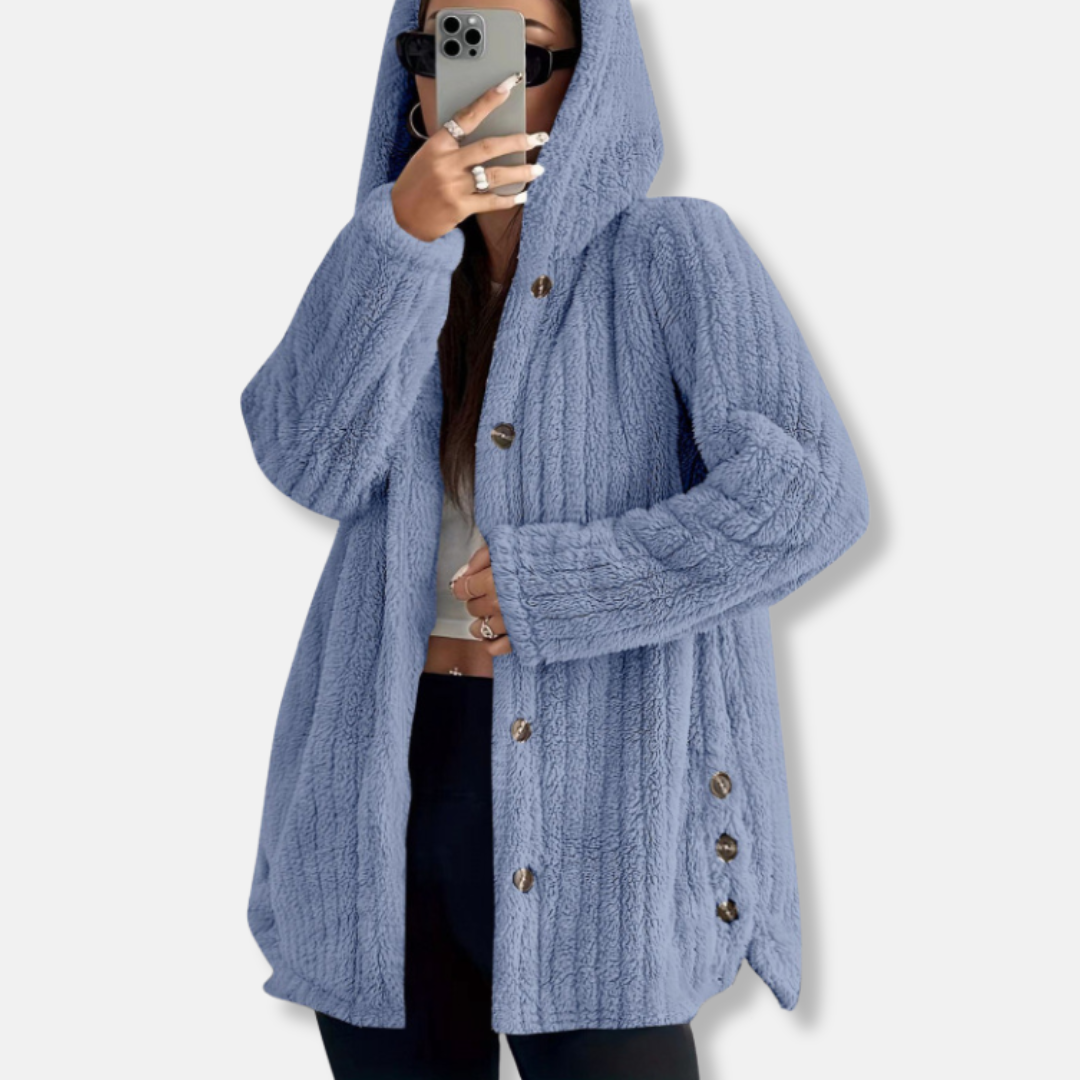 Women's Coat – Oversize Fit – Hood – Soft Texture – Button Closure – Mid-Length