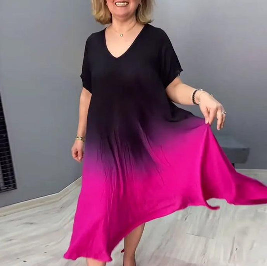 Women's Dress – Loose Fit – V-Neck – Knee Length – Short Sleeves – Soft Drape