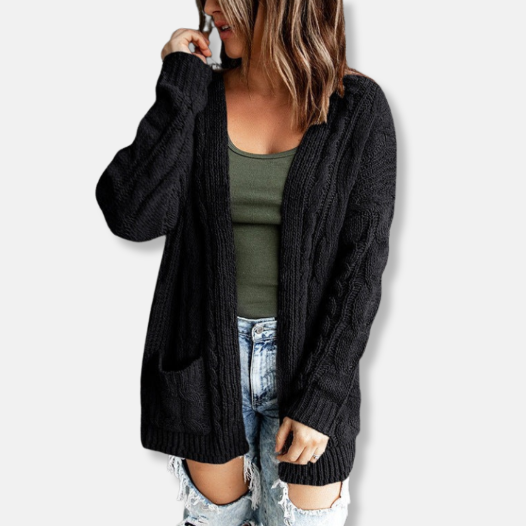 Women's Cardigan – Knit – Relaxed Fit – Cable Knit – Open Front – Pockets