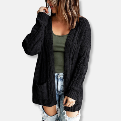 Women's Cardigan – Knit – Relaxed Fit – Cable Knit – Open Front – Pockets
