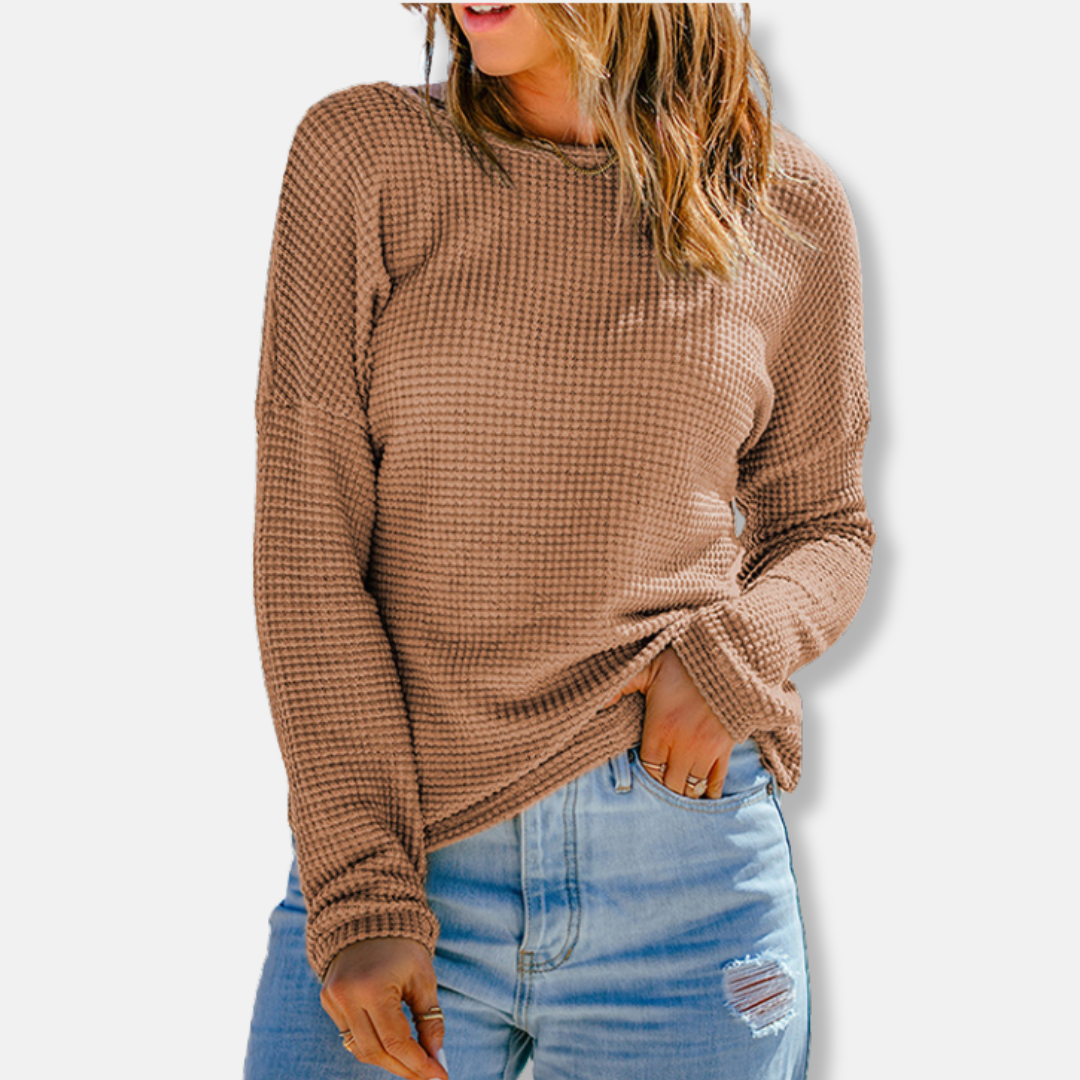Sophia Cotton Waffle Knit Top | Relaxed Fit Crewneck Top