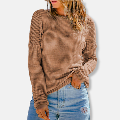 Sophia Cotton Waffle Knit Top | Relaxed Fit Crewneck Top