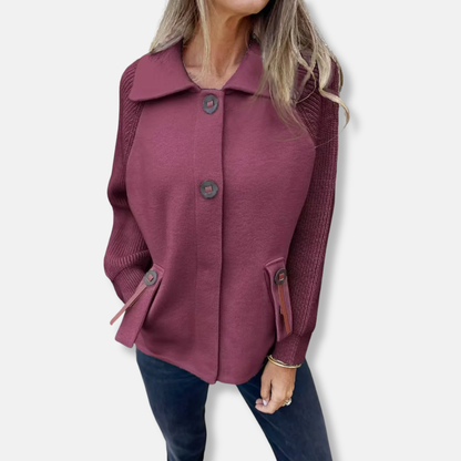 Women's Jacket – Relaxed Fit – Knitted Sleeves – Notched Collar – Button Closure