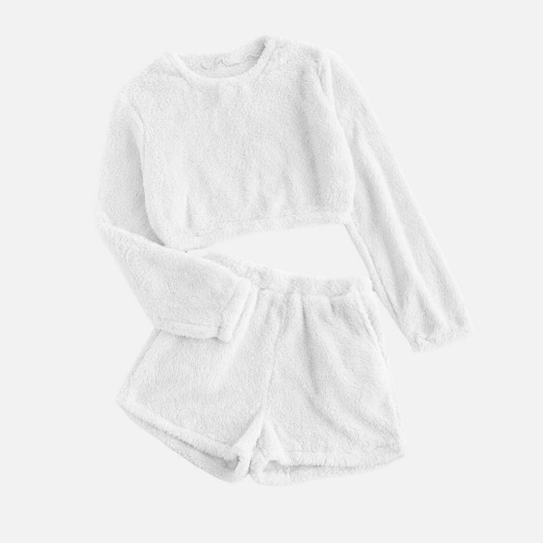 Women's Loungewear Set – Cropped Long-Sleeve Top – High-Waisted Shorts in Soft Fleece